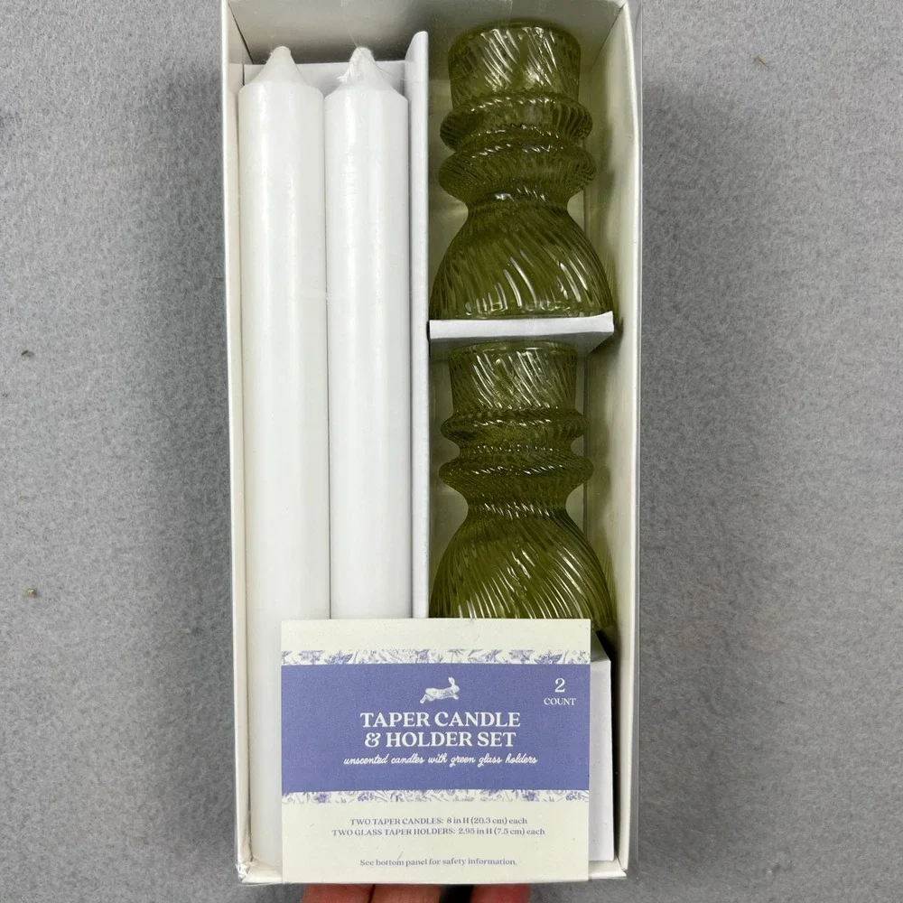 Taper Candle & Holder Set Home 8in Green Ribbed Glass Unscented 4pc Set Target